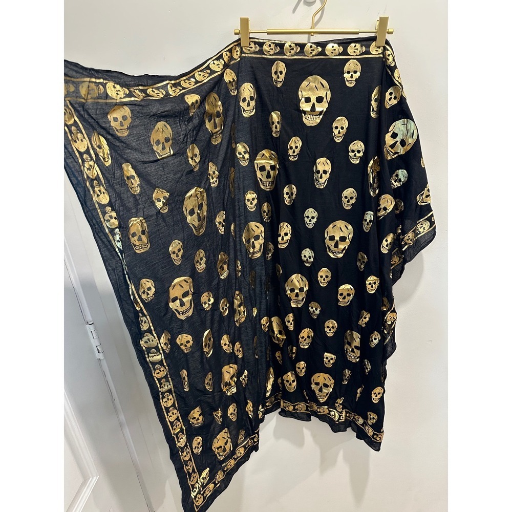 Alexander McQueen Black Gold Metallic Skull Scarf Modal Cashmere Made in Italy